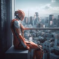 cyborg sitting at the windows watching over the city