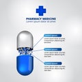 Illustration of 3D capsule pill medicine pharmacy infographic data visualization healthcare nutrition ingredients