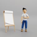 Illustration of a 3d character wearing a plain white shirt and casual blue pants, presenting a white board standing Royalty Free Stock Photo