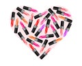 Illustration, 3d, heart made of colorful lipsticks in different colors. Women\'s cosmetics icon