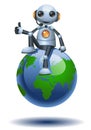 illustration 3d of little robot operator sit on earth globe