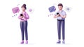 Illustration of 3d man and woman with a smart phone and speech bubble Royalty Free Stock Photo