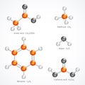 Illustration of 3d molecular structure, ball and stick molecule model acetic acid, methane, water, benzene, carbonic acid, Royalty Free Stock Photo