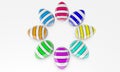 Illustration of a 3D render created as a result of a rendering of colored Easter eggs with a pattern top view background.