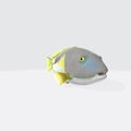 Illustration of a 3D rendering of a grey and yellow fish on a white background