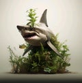 Illustration 3d of vicious shark on the plants