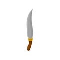 Dagger with sharp steel blade. Old knife with wooden handle. Dangerous cold weapon. Flat vector icon