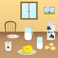 Illustration of dairy products on a wooden table in the dining room