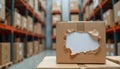 Illustration of damaged shipping box with torn paper in a warehouse. This image represents delivery problems order cancellations Royalty Free Stock Photo