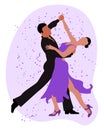 Illustration, a dancing couple, a man in black and a woman in a purple dress on an abstract background. Poster, print