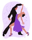 Illustration, a dancing couple, a man in black and a woman in a purple dress on an abstract background. Poster, print