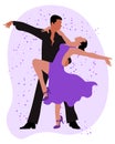 Illustration, a dancing couple, a man in black and a woman in a purple dress on an abstract background. Poster, print