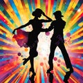Illustration of dancing couple silhouette with discotheque lights on the black background. Royalty Free Stock Photo
