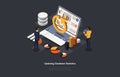 Illustration On Dark Background. Updating Database Statistics Concept. Isometric Vector Composition In Cartoon 3D Style