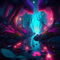 Illustration of a dark forest with glowing neon lights - 3D render generative AI Royalty Free Stock Photo