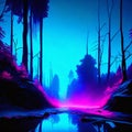 Illustration of a dark forest with neon lights - 3d render generative AI Royalty Free Stock Photo