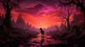 an illustration of a dark forest at sunset with a horse in the foreground Royalty Free Stock Photo