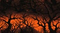 an illustration of a dark forest with trees and fire in the background Royalty Free Stock Photo