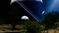Illustration of a dark landscape with trees in the foreground with a half moon and a large ringed planet in the background Royalty Free Stock Photo