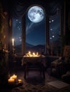 Table with burning candles at night with a big moon in a dark room Royalty Free Stock Photo