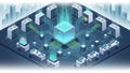 Illustration of a data center featuring a central glowing cube Royalty Free Stock Photo