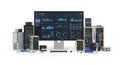 Data Center Infrastructure with Computer Monitor Displaying System Analysis Dashboard and Server Racks on White Royalty Free Stock Photo