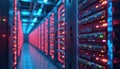 Illustration of data center server room. Connected infrastructure, engineering equipment system. Digital art for advertising, Royalty Free Stock Photo