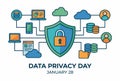 Illustration of a data privacy concept featuring a shield with a lock, surrounded by technology icons representing security on Royalty Free Stock Photo