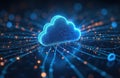 Illustration of data transfer cloud computing tech concept. Prominent blue cloud icon in center with internal connections. High Royalty Free Stock Photo