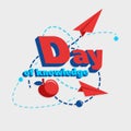 Illustration of a `Day of knowledge` with the image of apple, flying of the paper plane and dashed lines.