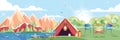 Illustration of day landscape, mountains, dawn, travel, hiking, nature, tent, campfire, camping in flat style