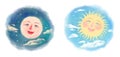 Illustration day and night. hand drawn round banners with the image of a smiling sun and a smiling moon framed by clouds Royalty Free Stock Photo