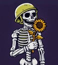 Illustration of dead skeleton soldier wearing a green army helmet holding and sniffing a sunflower in the afterlife