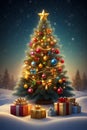 Illustration of a decorated Christmas tree in the snow, surrounded by gifts. Festive artwork. Royalty Free Stock Photo