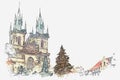 Illustration. Decorated Christmas tree stands on the main square in Prague Next to it is a beautiful old temple