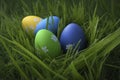 illustration, decorated easter eggs in the grass, generative ai Royalty Free Stock Photo