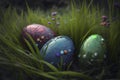 illustration, decorated easter eggs in the grass, generative ai Royalty Free Stock Photo