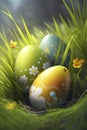 illustration, decorated easter eggs in the grass, generative ai Royalty Free Stock Photo