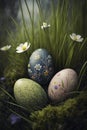 illustration, decorated easter eggs in the grass, generative ai Royalty Free Stock Photo