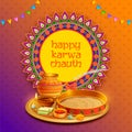 Decorated pooja thali for greetings on Indian Hindu festival Happy Karwa Chauth