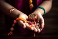 Illustration of a decorated rakhi with exquisite details on woman hand, generative ai