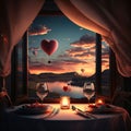 Illustration of a decorated table for a romantic dinner for two view through the window of a river of mountains and heart-s Royalty Free Stock Photo