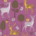 Illustration of deer with antler, trees, flowers