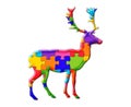 Illustration of a deer composed out of colorful puzzle pieces on a white background