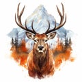 an illustration of a deer with large antlers and mountains in the background Royalty Free Stock Photo