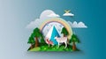 Illustration of deer, mountain, forest, clouds. Concept of earth day, environment day or nature conservation day