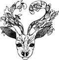 Illustration of a deer with peacock feathers in horns. Black and white vector of decorated deer Royalty Free Stock Photo