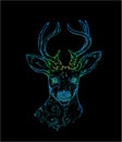 Illustration of a deer with peacock feathers in horns. Color vector of decorated deer Royalty Free Stock Photo