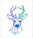 Illustration of a deer with peacock feathers in horns. Color vector of decorated deer. Tattoo idea Royalty Free Stock Photo