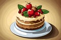 Illustration of a delicious cake with cherries and leaves on a plate, birthday celebration, tasty food, generative ai Royalty Free Stock Photo